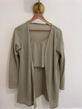 Light Olive Waffle Knit Open Cardigan with Tank and matching pants